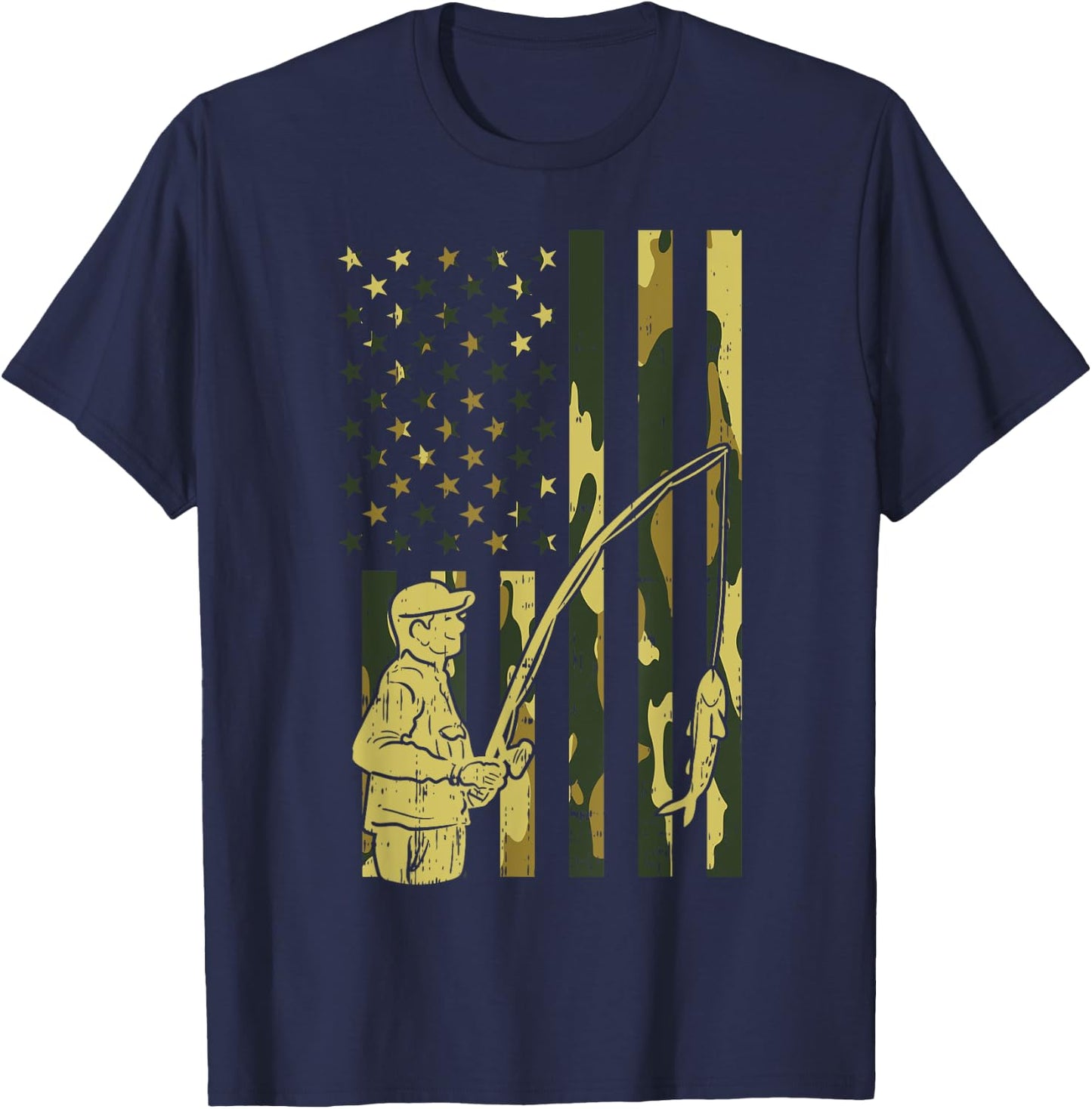 Camo Flag Fisherman Vintage Fishing Patriotic Angler Gift T-Shirt - T-Shirt | Navy