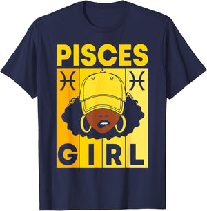 Pisces Girl Dope Afro Black Woman With Cap Zodiac Sign T-Shirt - T-Shirt | Navy