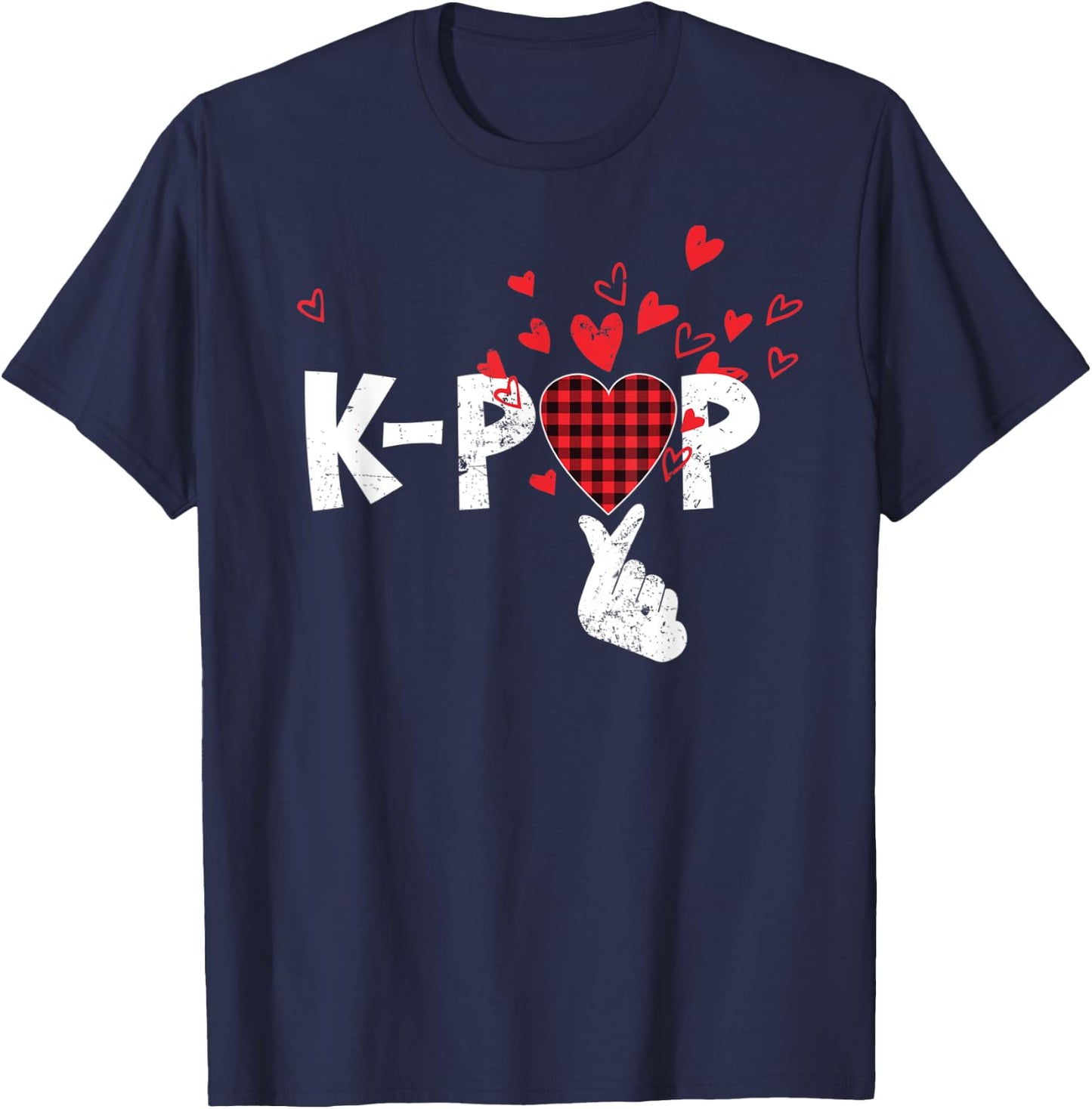 Cute K-Pop Lovers Korean Love Sign Red Buffalo Plaid Pajama T-Shirt - T-Shirt | Navy