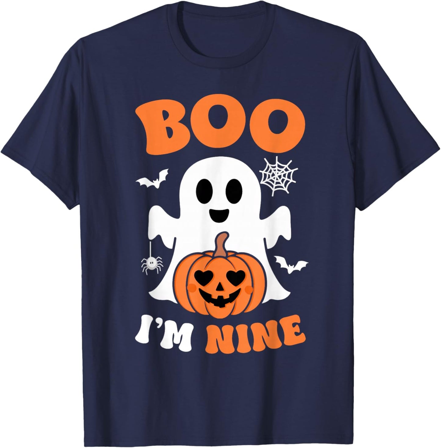 Ghost Boo I'm Nine Year 9th Birthday Boys Halloween Groovy T-Shirt - T-Shirt | Navy