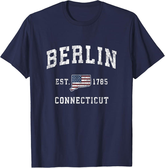 Berlin Connecticut CT Vintage American Flag Sports Design T-Shirt - T-Shirt | Navy