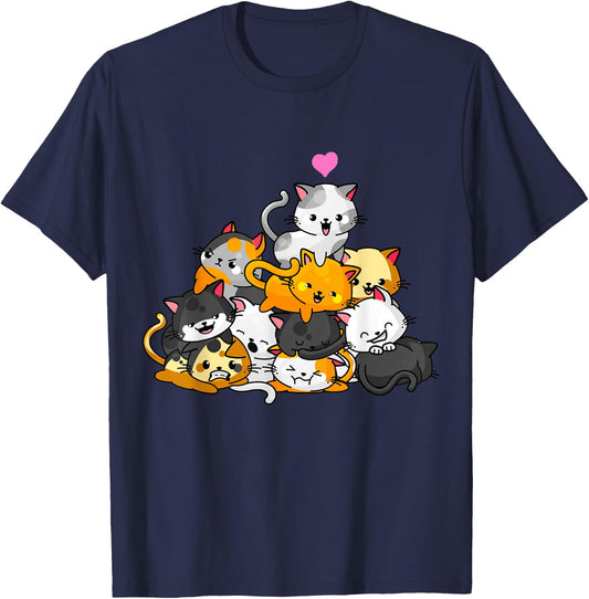 Cat Cute Kitty Pile Cats Anime Kawaii Neko Gift Women Girls Small T-Shirt - T-Shirt | Navy