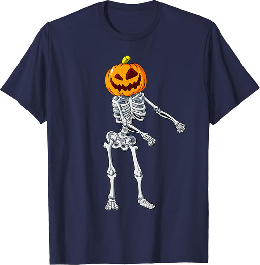 Flossing Pumpkin Head Skeleton Raft Dance Halloween T-Shirt - T-Shirt | Navy