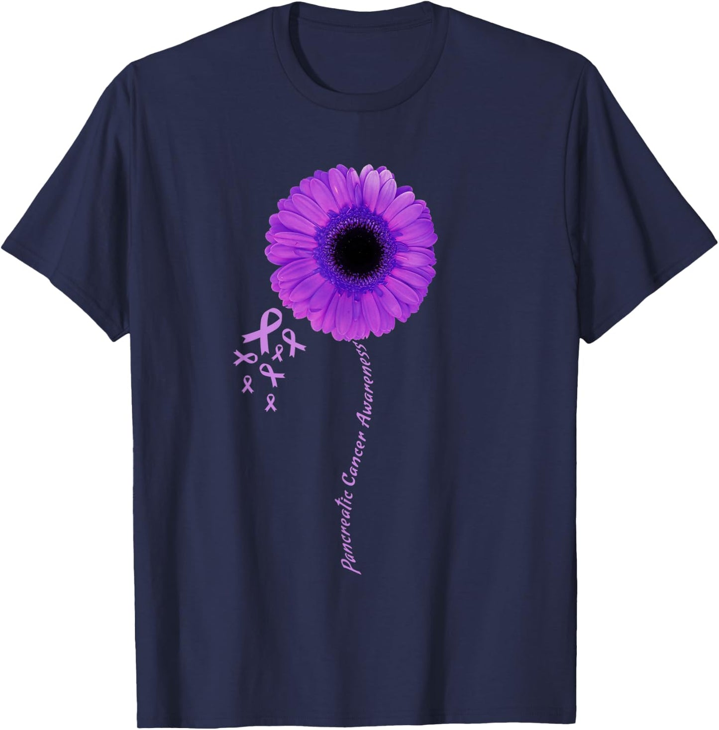 I Wear Purple Flower Pancreatic Cancer Awareness Ribbon T-Shirt - T-Shirt | Navy