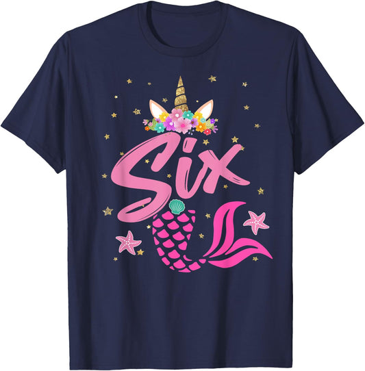 Unicorn Birthday Girl 6 Years Old Gift 6th B-day T-Shirt - T-Shirt | Navy