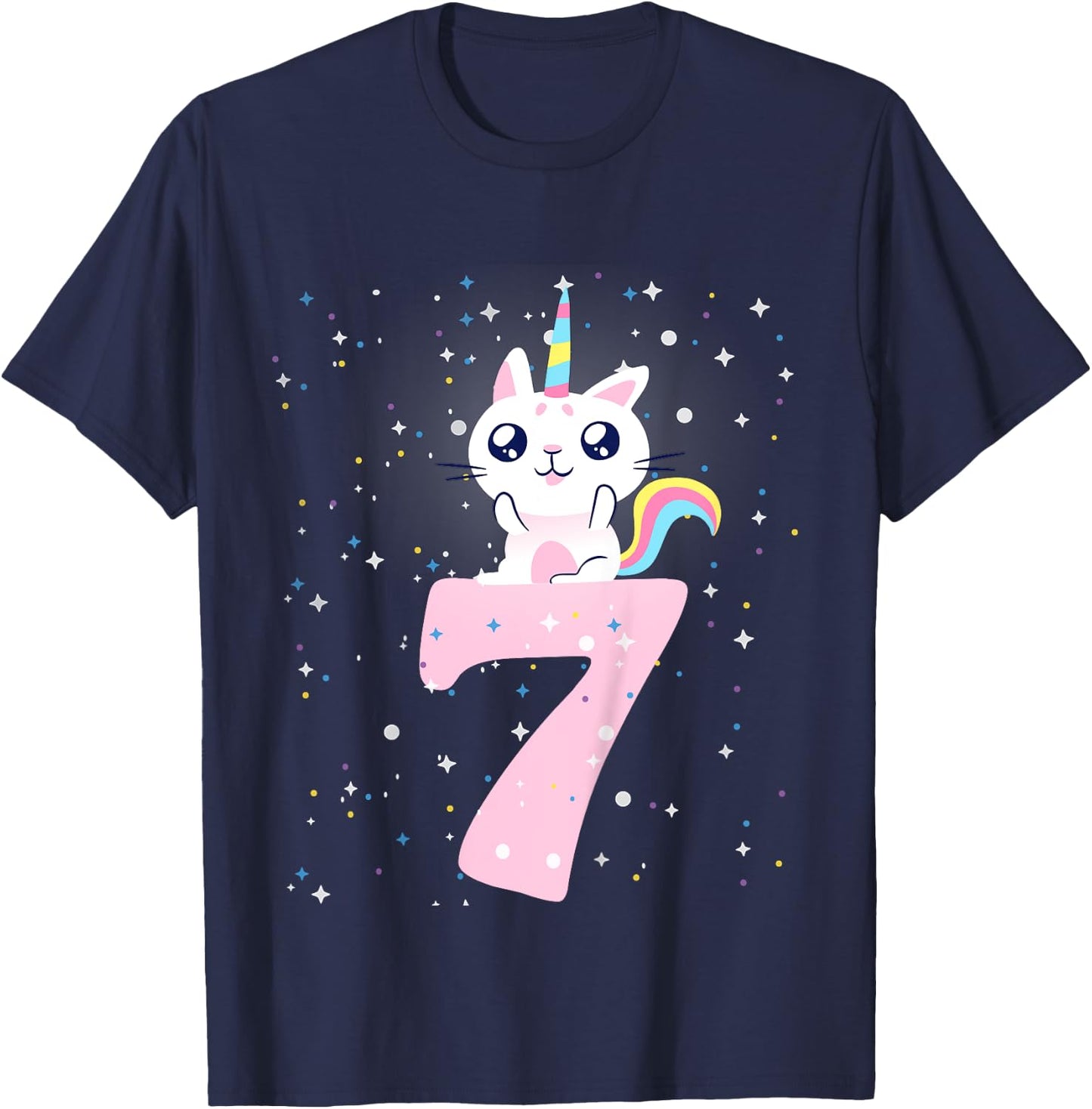 Kids 7th birthday girl outfit unicorn cat T-Shirt - T-Shirt | Navy