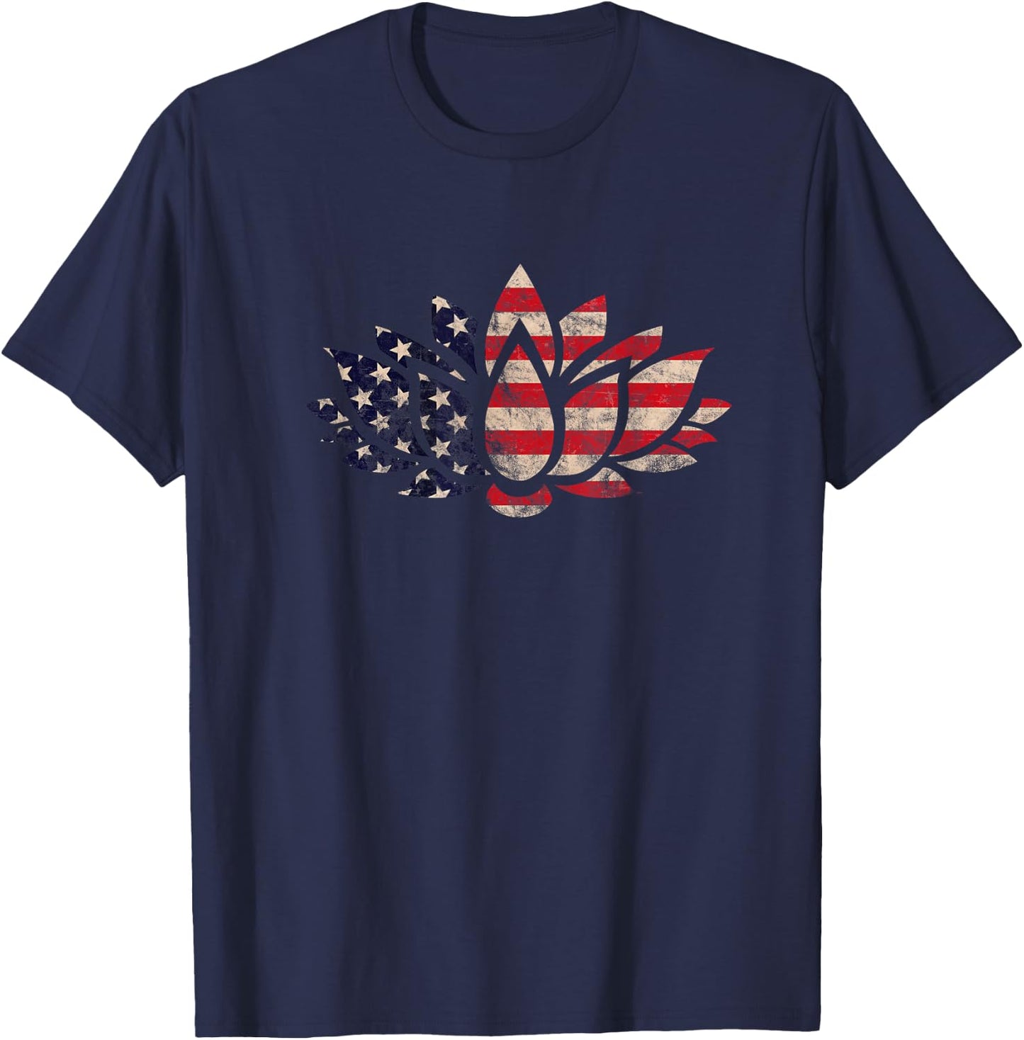 Lotus Flower USA Flag Patriotic American 4th of July Yoga Women Kids Men T-Shirt - T-Shirt | Navy