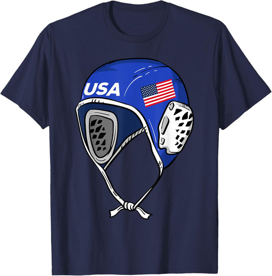 Water Polo Cap Patriotic Player American Flag Swimmer Fan T-Shirt - T-Shirt | Navy