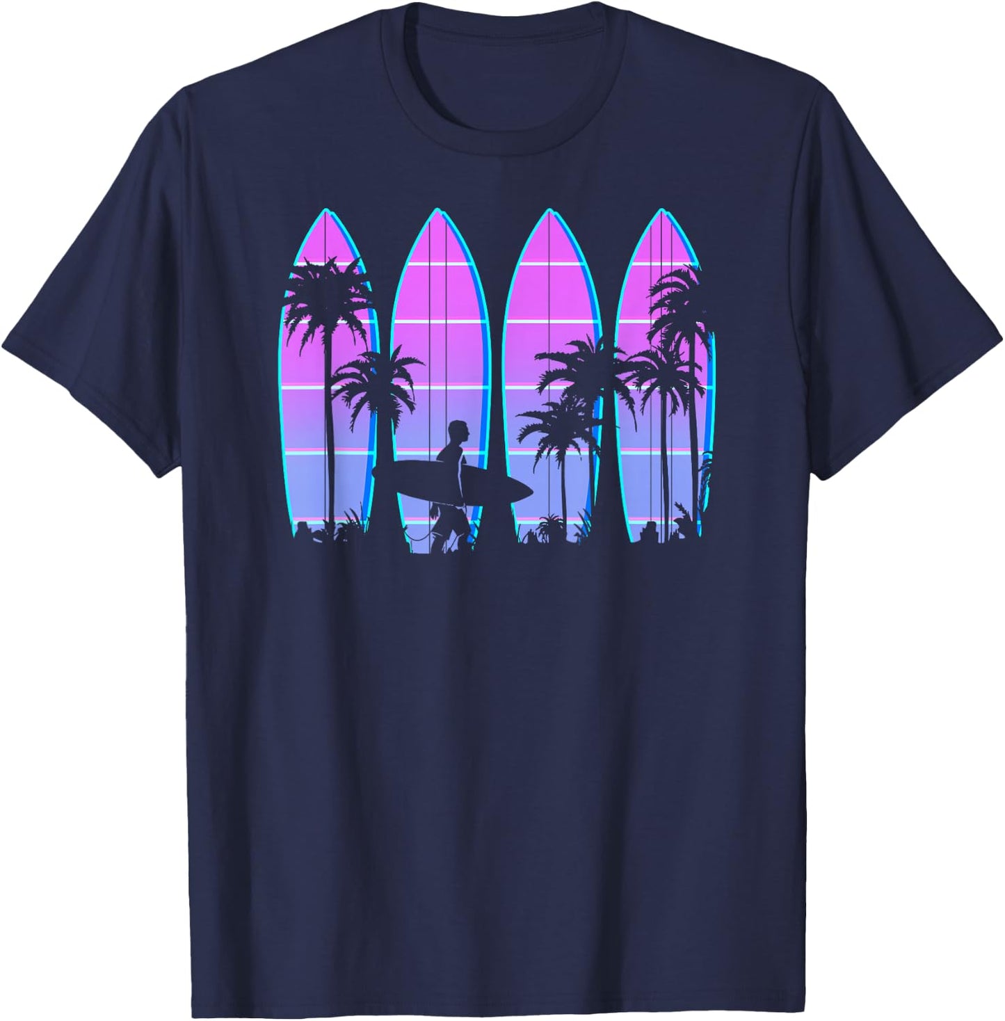 Surfboard Men Women Kids Surfing Vaporwave Retro Wave Surfer T-Shirt - T-Shirt | Navy
