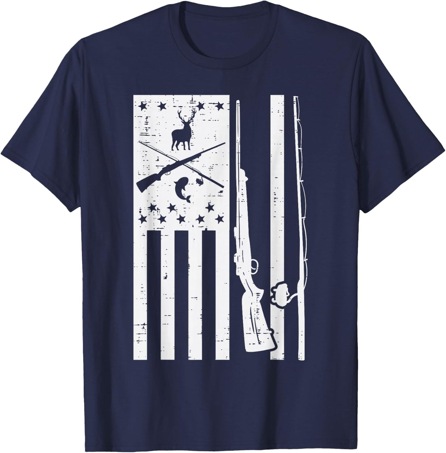 White US Flag Rifle Fishing Rod Fish Deer Hunting Patriotic T-Shirt - T-Shirt | Navy