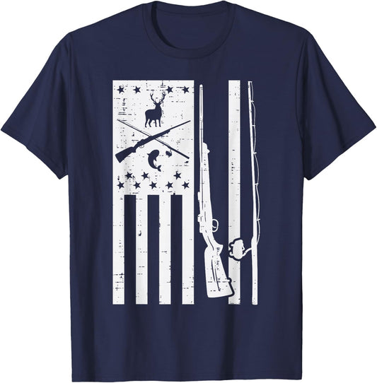 White US Flag Rifle Fishing Rod Fish Deer Hunting Patriotic T-Shirt - T-Shirt | Navy