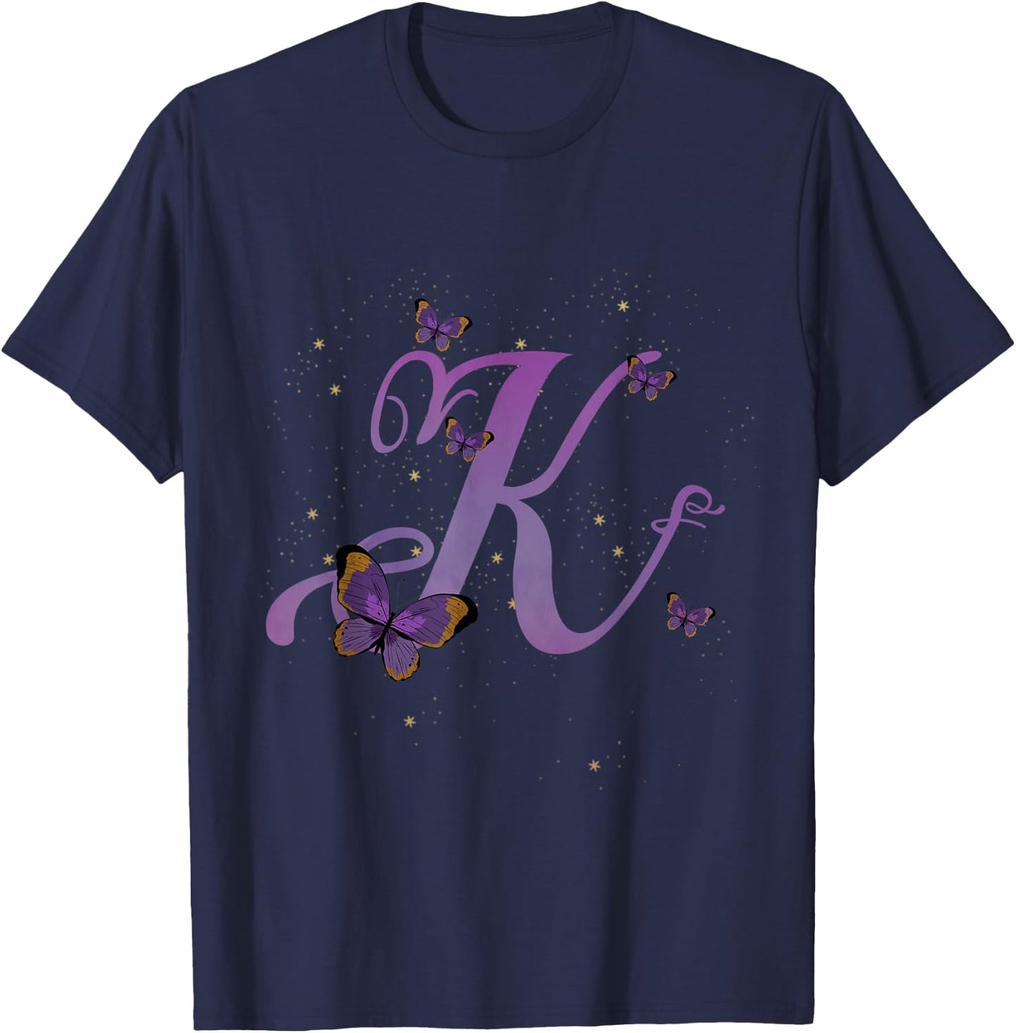 Romantic Butterfly Initial Letter K Purple Monogram T-Shirt - T-Shirt | Navy