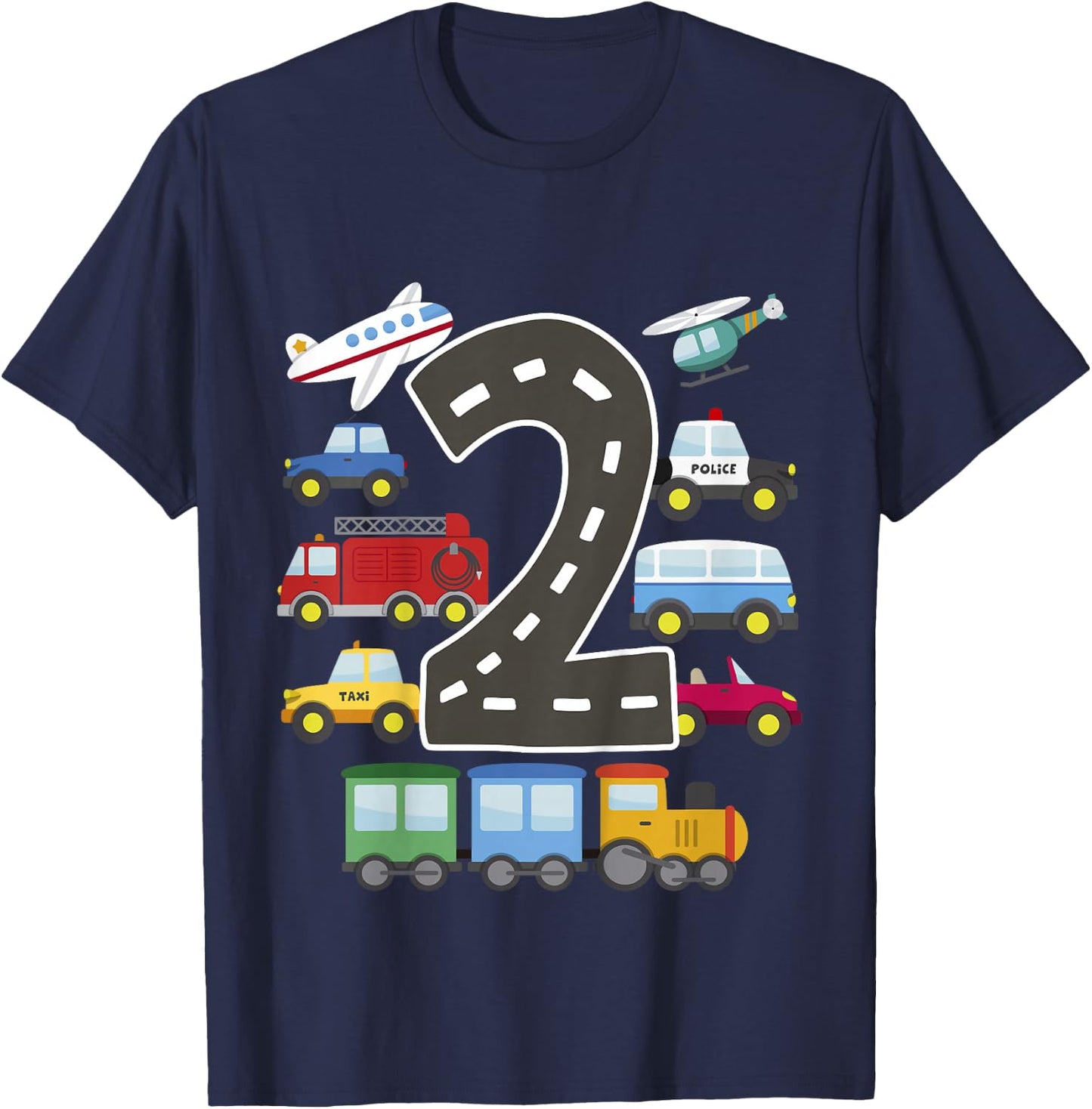 Kids 2 Year Old Transportation Birthday Car Train Plane 2nd Gift T-Shirt - T-Shirt | Navy
