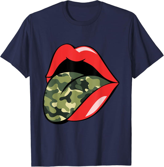 Red Lips Tongue Camouflage Military Trendy Grunge Funny T-Shirt - T-Shirt | Navy