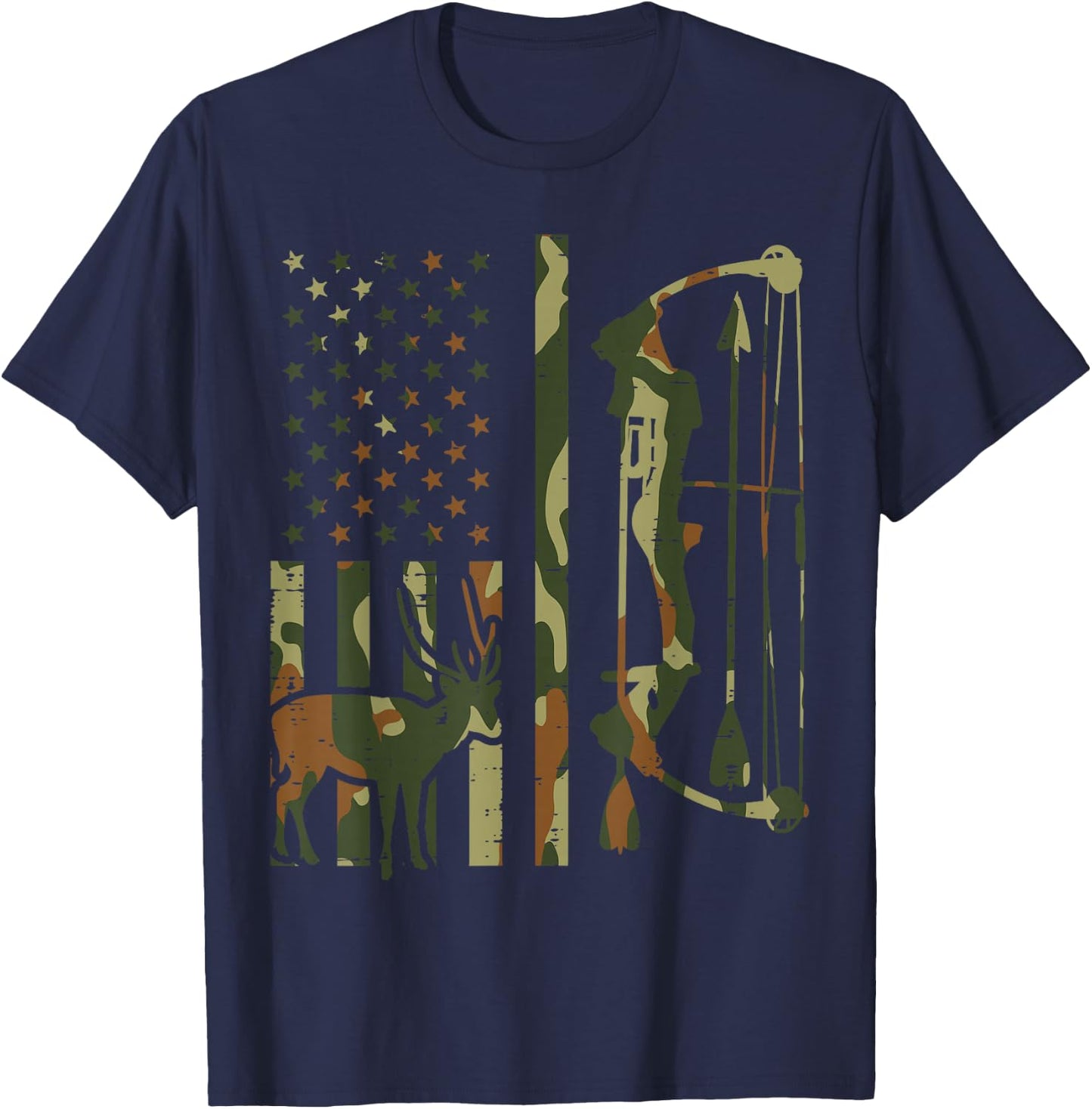 Camo Flag Deer Bow Hunting Patriotic Hunter Dad Archer T-Shirt - T-Shirt | Navy