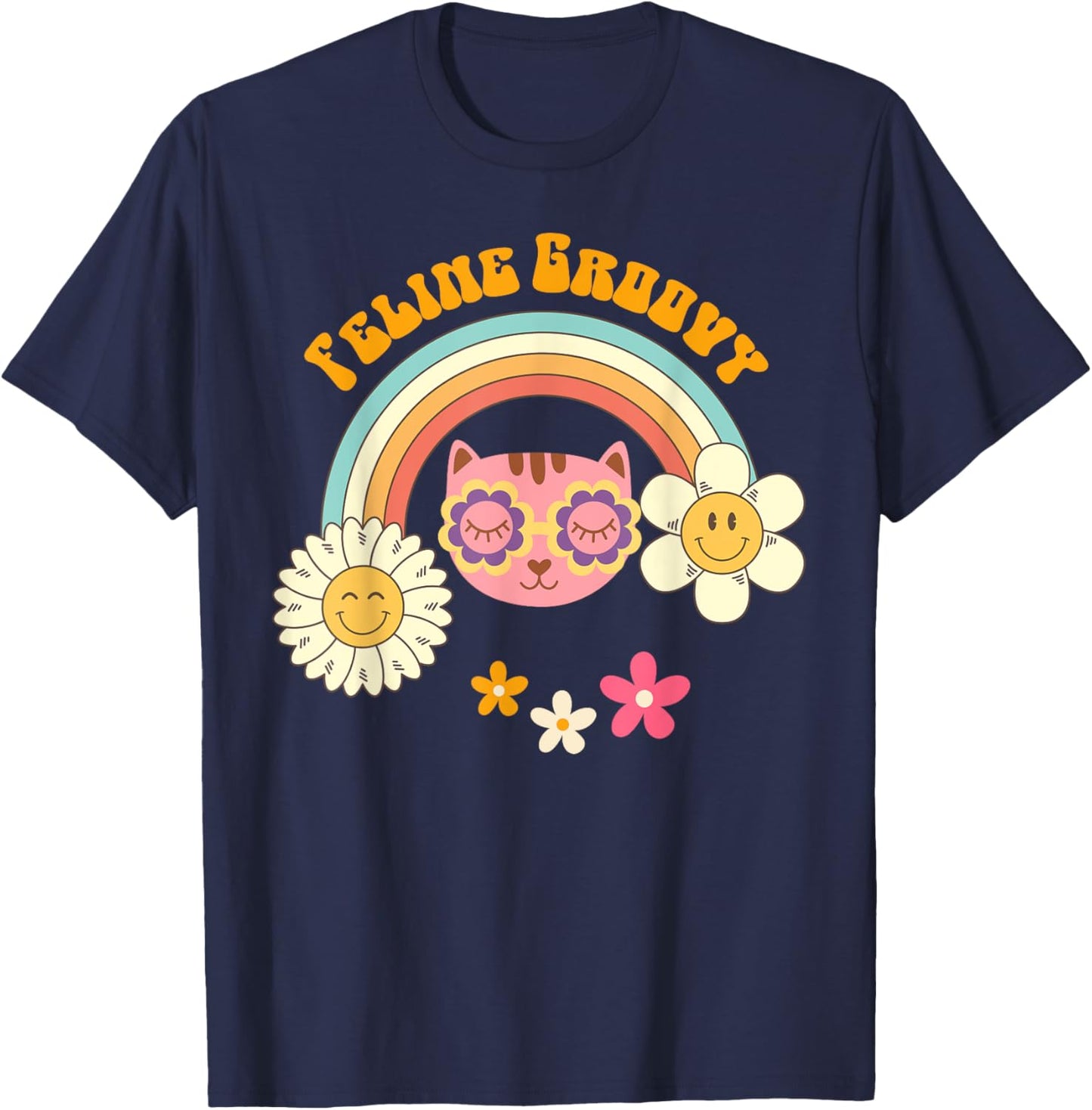 Retro Cat 70's Style: Feline Groovy Rainbow Cat Mom Shirt Women T-Shirt - T-Shirt | Navy
