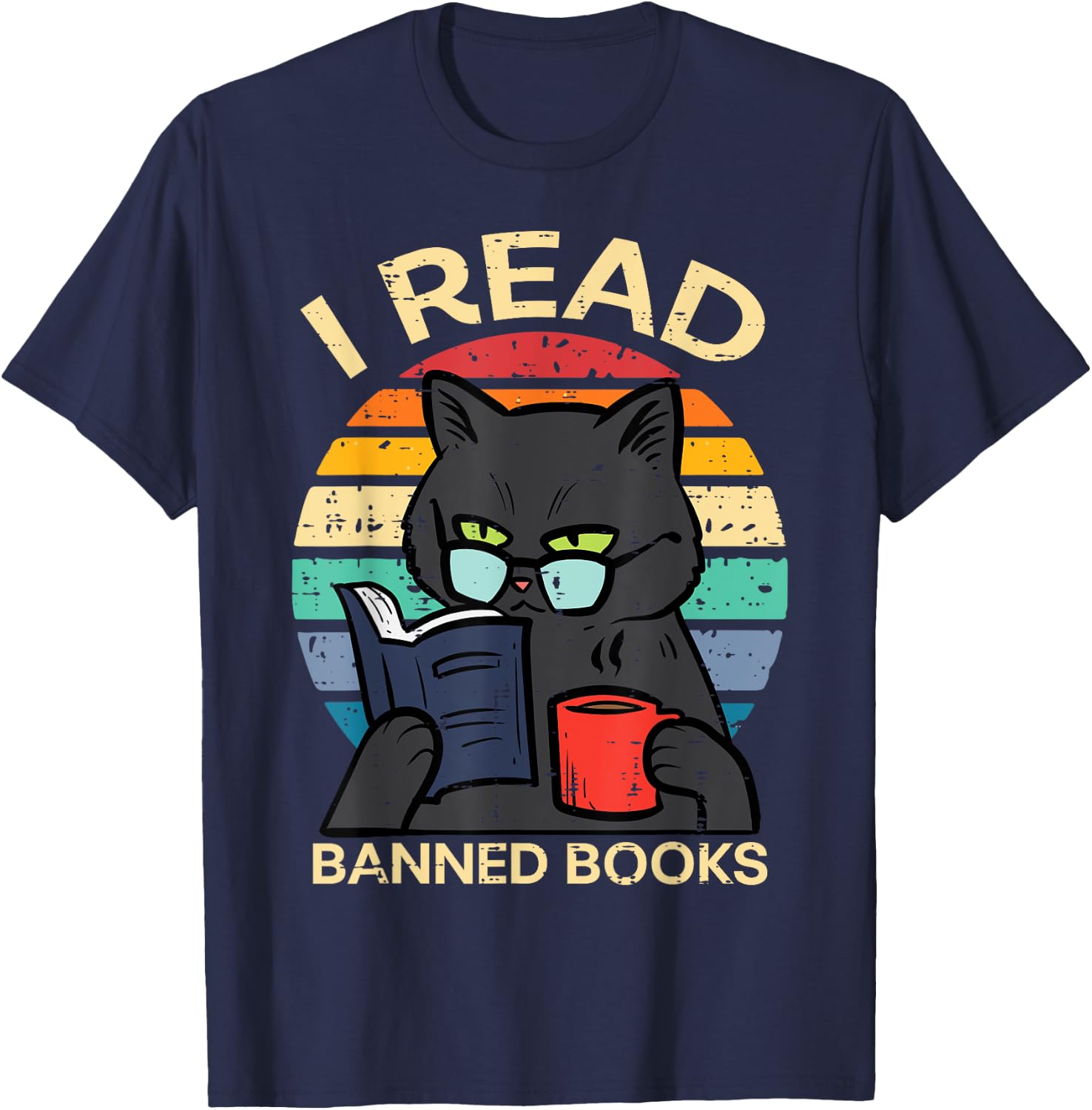 Black Cat Banned Books Funny Read Reading Librarian Women T-Shirt - T-Shirt | Navy