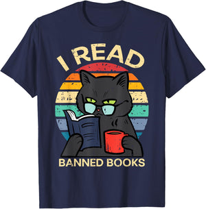 Black Cat Banned Books Funny Read Reading Librarian Women T-Shirt - T-Shirt | Navy