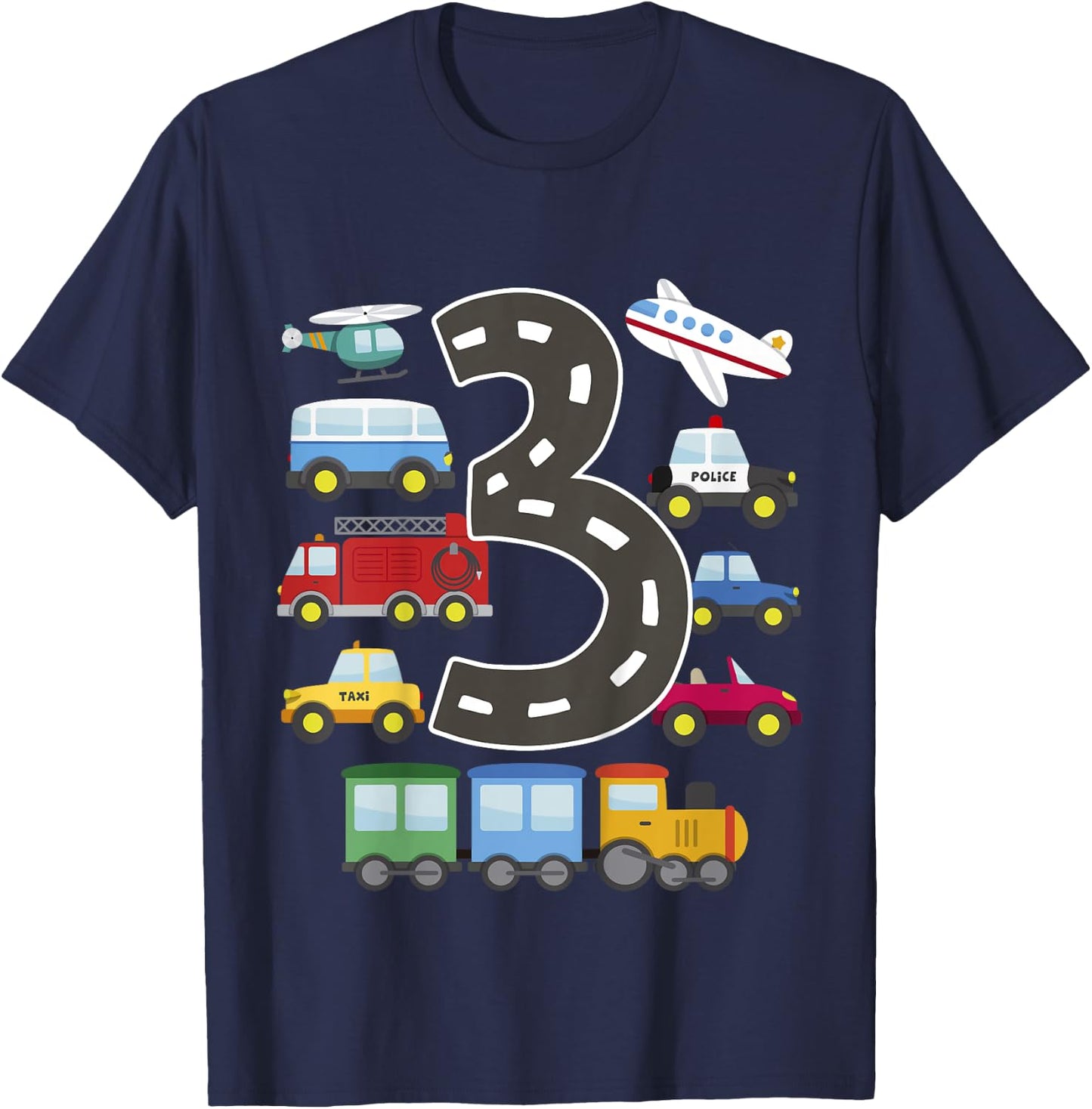 3 Year Old Transportation Birthday Car Train Plane 3rd Gift T-Shirt - T-Shirt | Navy