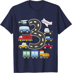 3 Year Old Transportation Birthday Car Train Plane 3rd Gift T-Shirt - T-Shirt | Navy