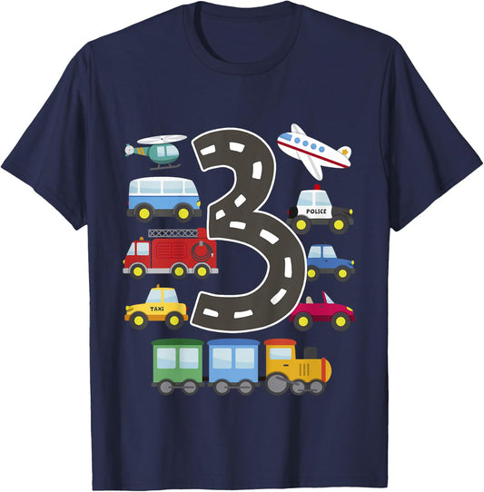 3 Year Old Transportation Birthday Car Train Plane 3rd Gift T-Shirt - T-Shirt | Navy