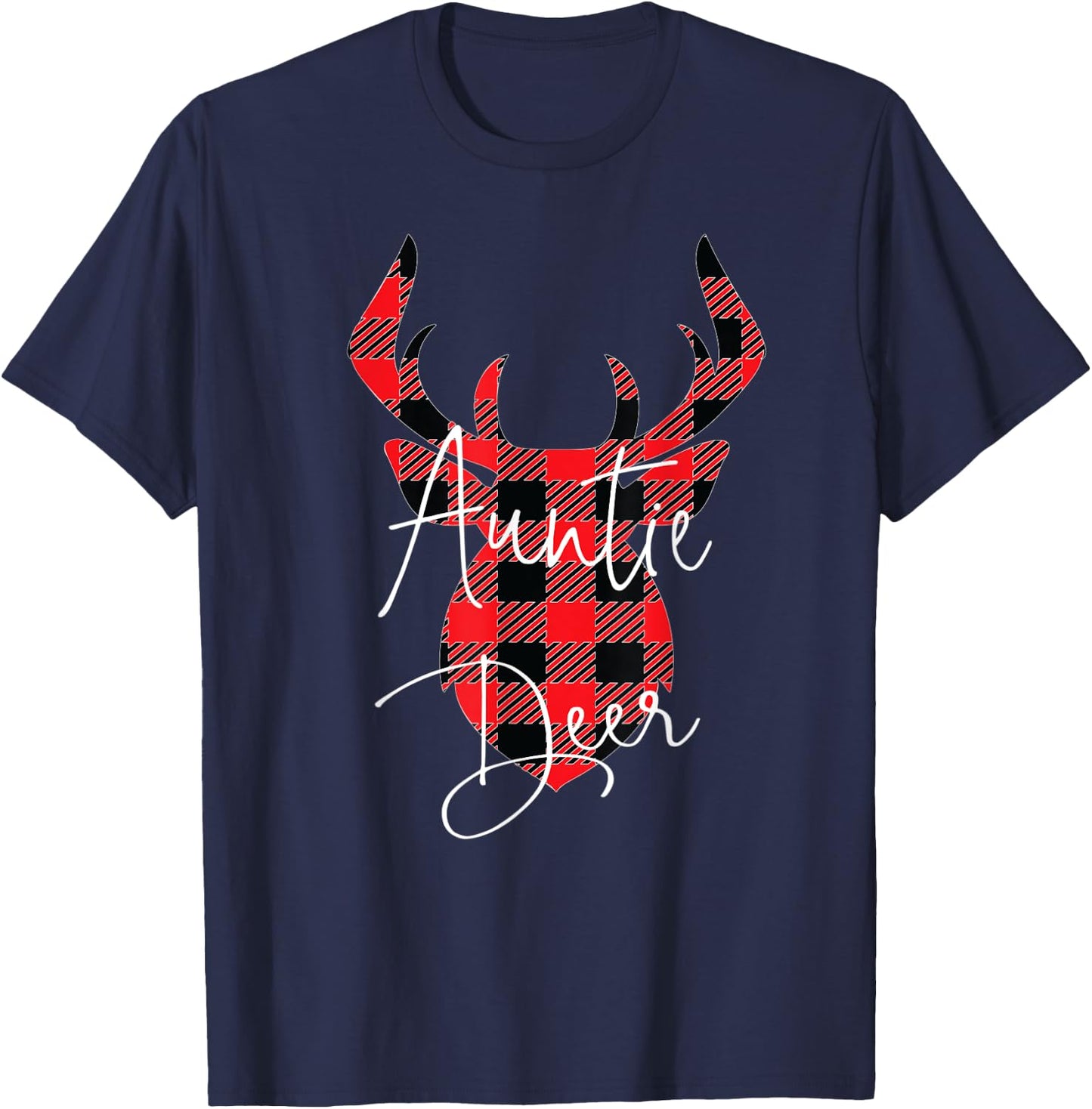 Auntie Deer Christmas Pajama Red Plaid Buffalo Matching T-Shirt - T-Shirt | Navy