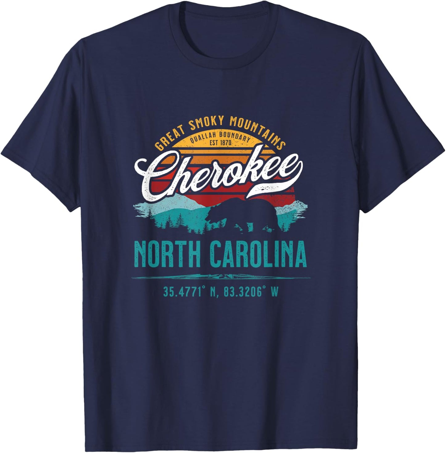 Cherokee North Carolina Retro Sunset Great Smoky Mountains T-Shirt - T-Shirt | Navy