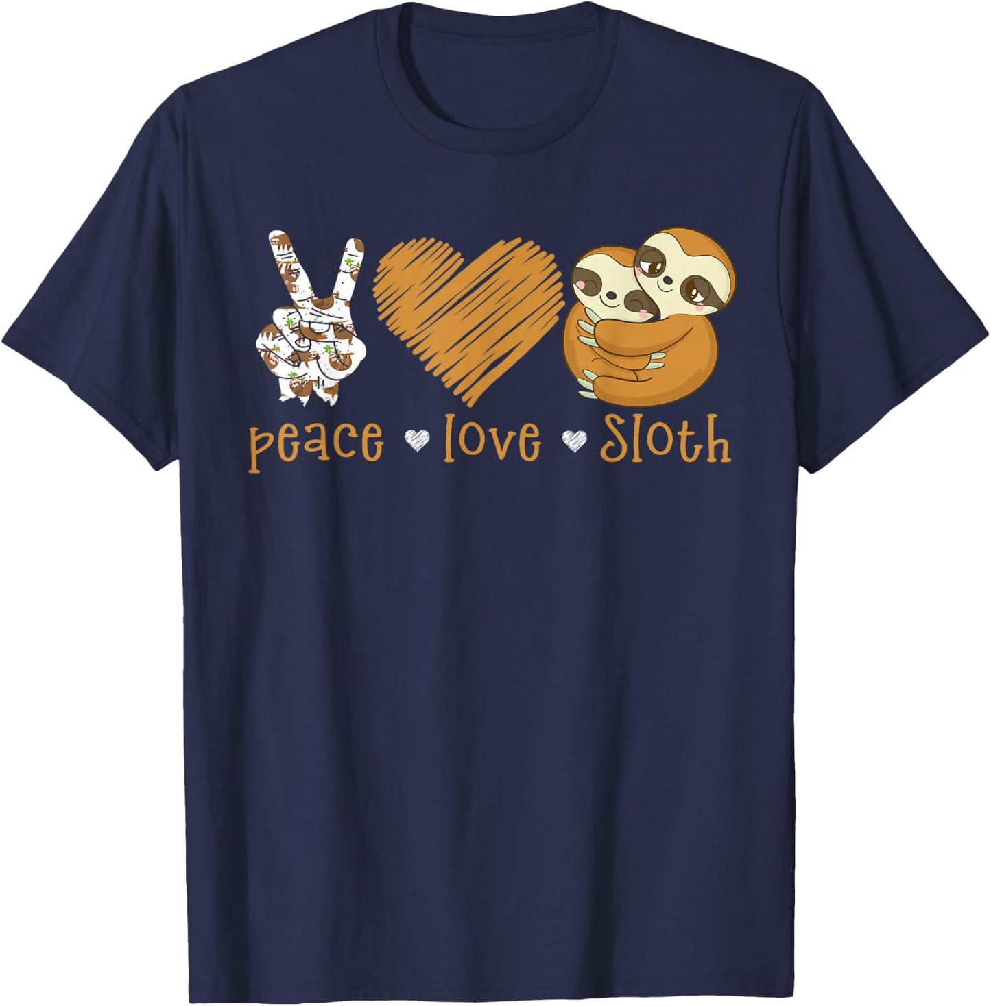 Peace Love Sloth Hand Sign Heart Sloth Lovers T-Shirt - T-Shirt | Navy