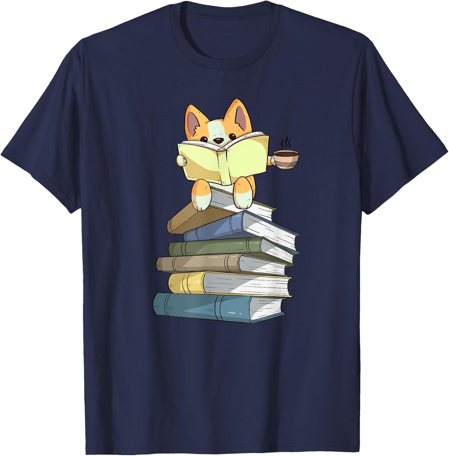 Welsh Corgi Books Coffee | Coffee Dog & Reading Lover Gift T-Shirt - T-Shirt | Navy