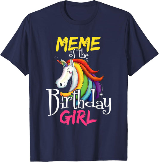 Meme Of The Birthday Girl Cute Floral Unicorn Face Gift T-Shirt - T-Shirt | Navy