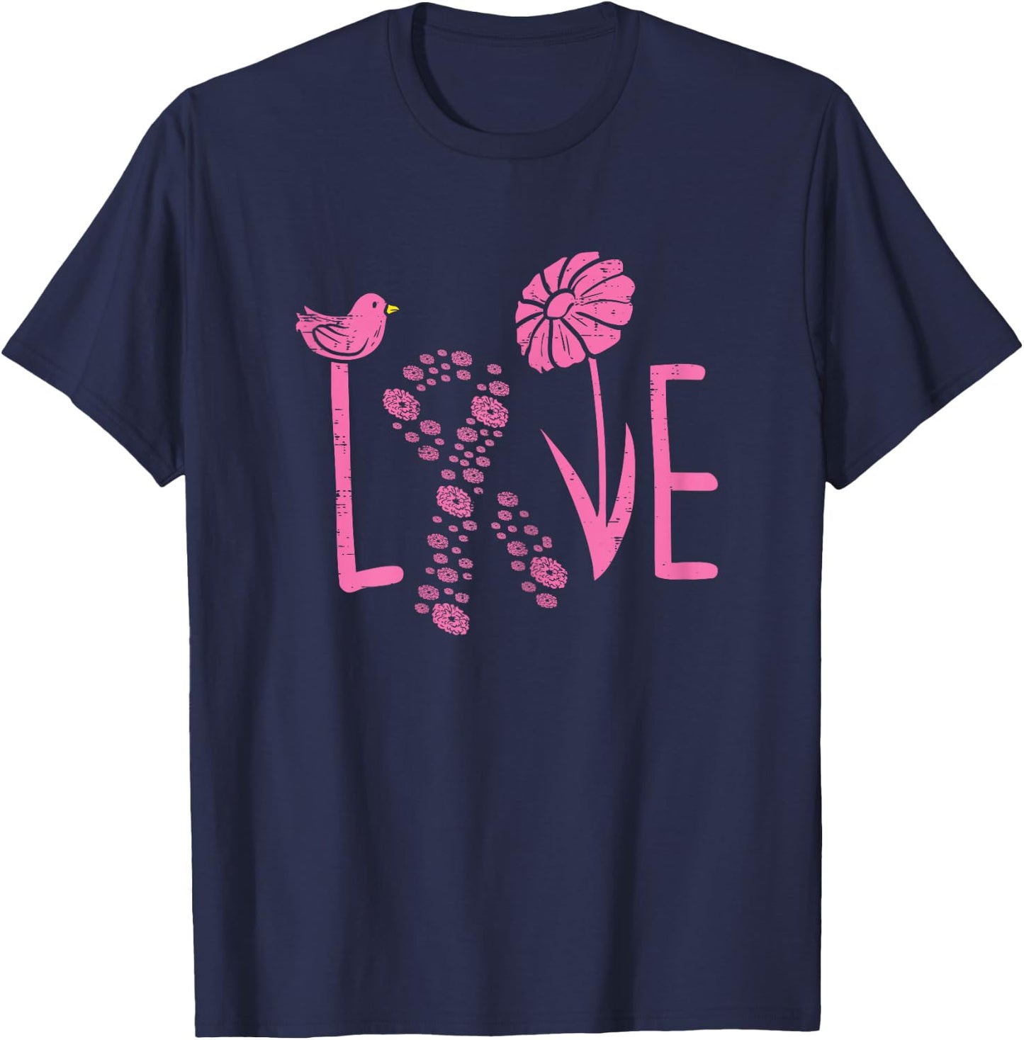 Love Pink Ribbon Flower Daisy Breast Cancer Awareness Gift T-Shirt - T-Shirt | Navy