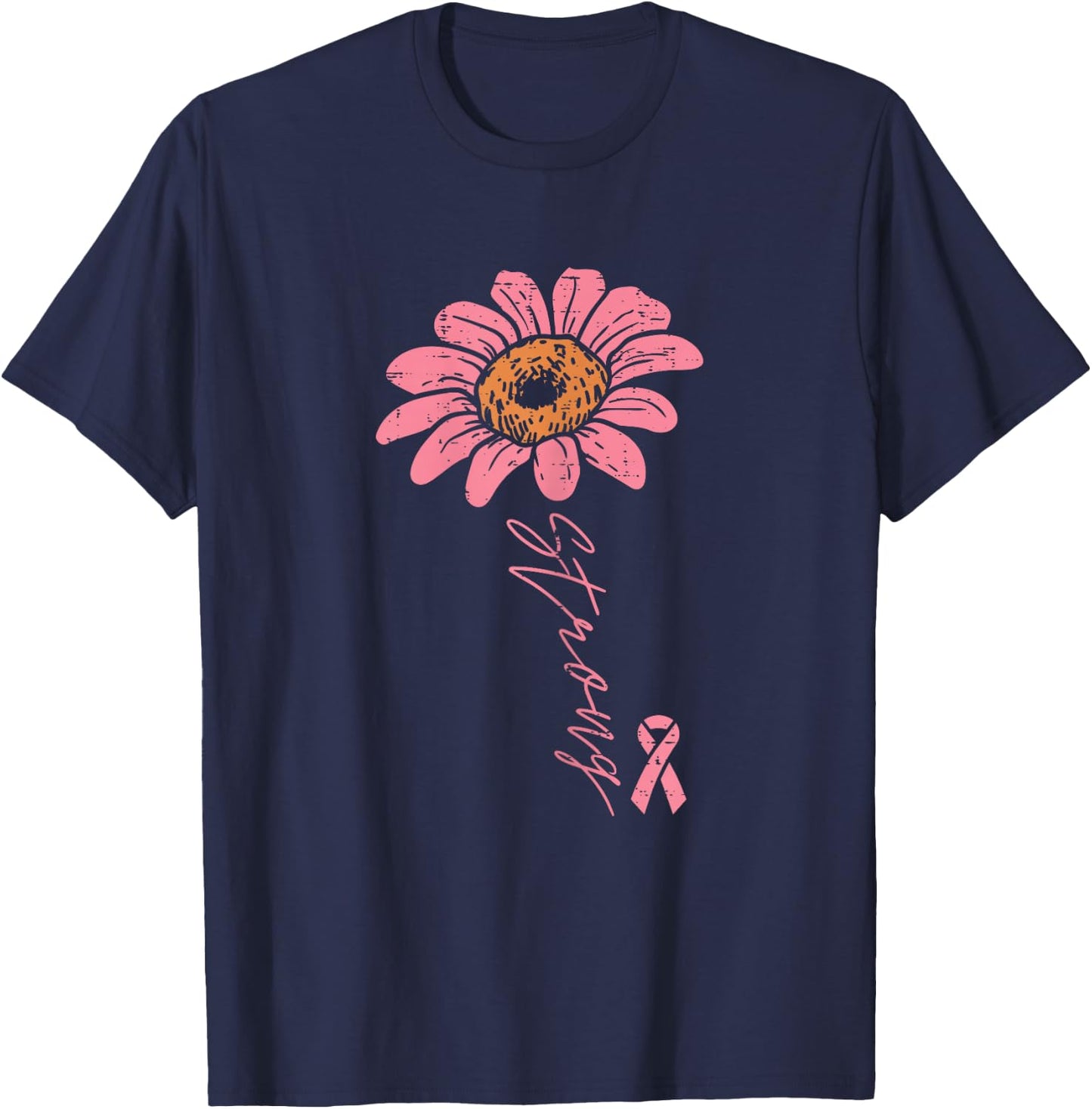 Pink Ribbon Sunflower Strong Breast Cancer Awareness Women T-Shirt - T-Shirt | Navy