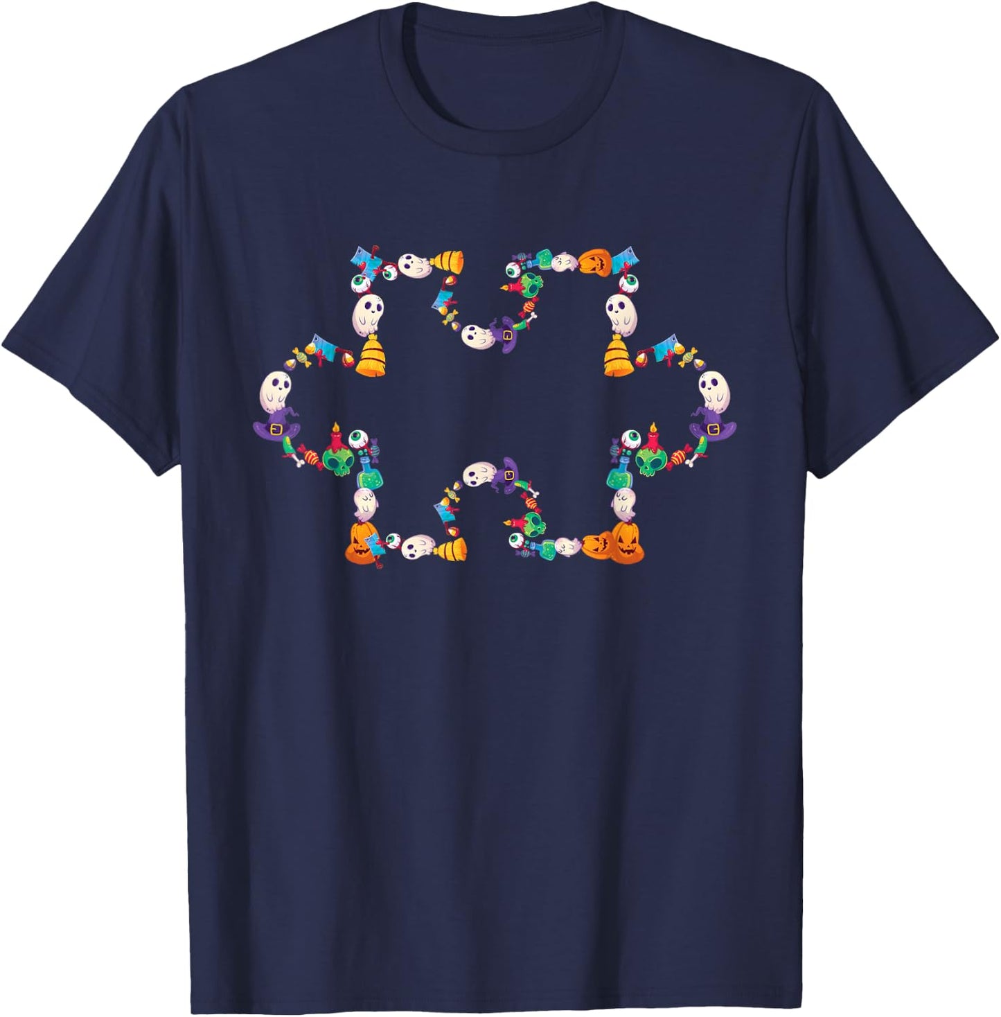 Halloween Autism Awareness Puzzle Pumpkin Ghost Broom Zombie T-Shirt - T-Shirt | Navy