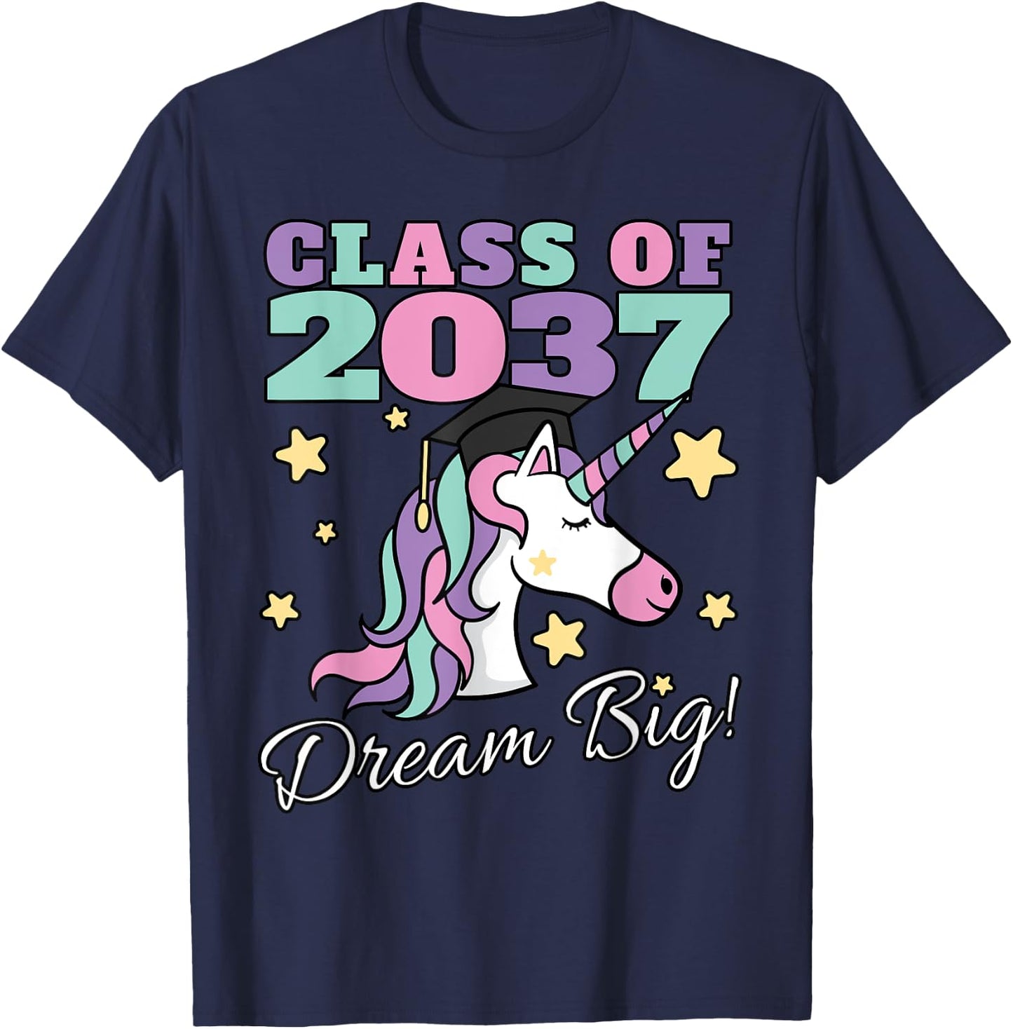 Girls Class of 2037 Magical Unicorn Graduation Cap T-Shirt - T-Shirt | Navy