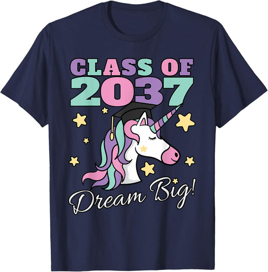 Girls Class of 2037 Magical Unicorn Graduation Cap T-Shirt - T-Shirt | Navy