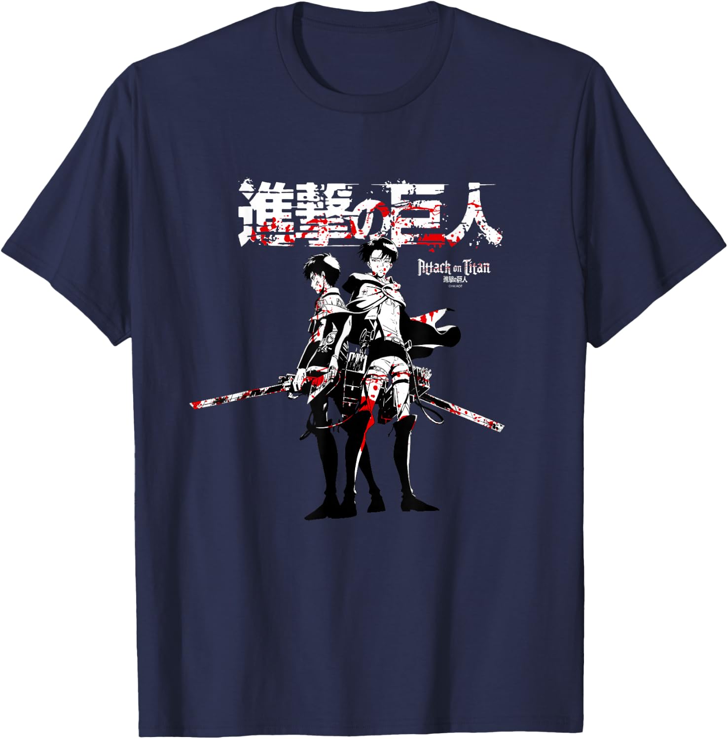 Attack on Titan Levi and Eren Sword Blood Splatter AOT Anime T-Shirt - T-Shirt | Navy