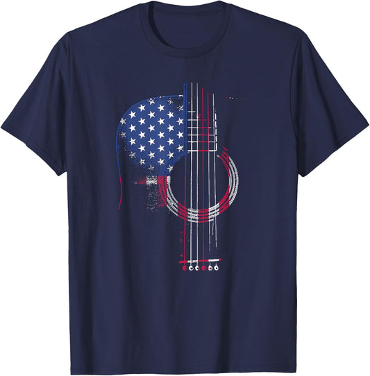Funny Guitar America Flag Patriotic 4th Of July Women Men T-Shirt - T-Shirt | Navy