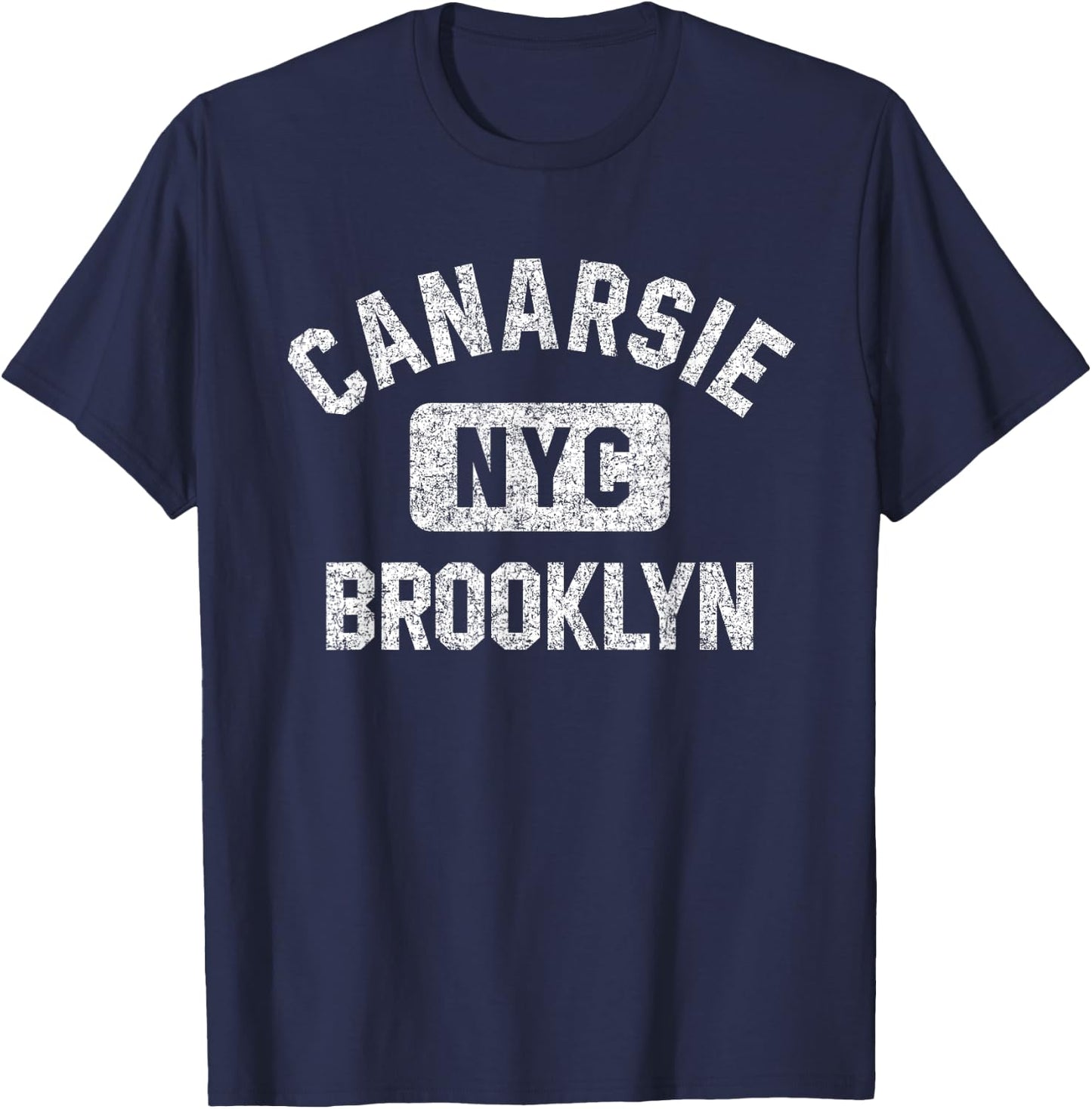 Canarsie Brooklyn NYC Gym Style Distressed White Print T-Shirt - T-Shirt | Navy
