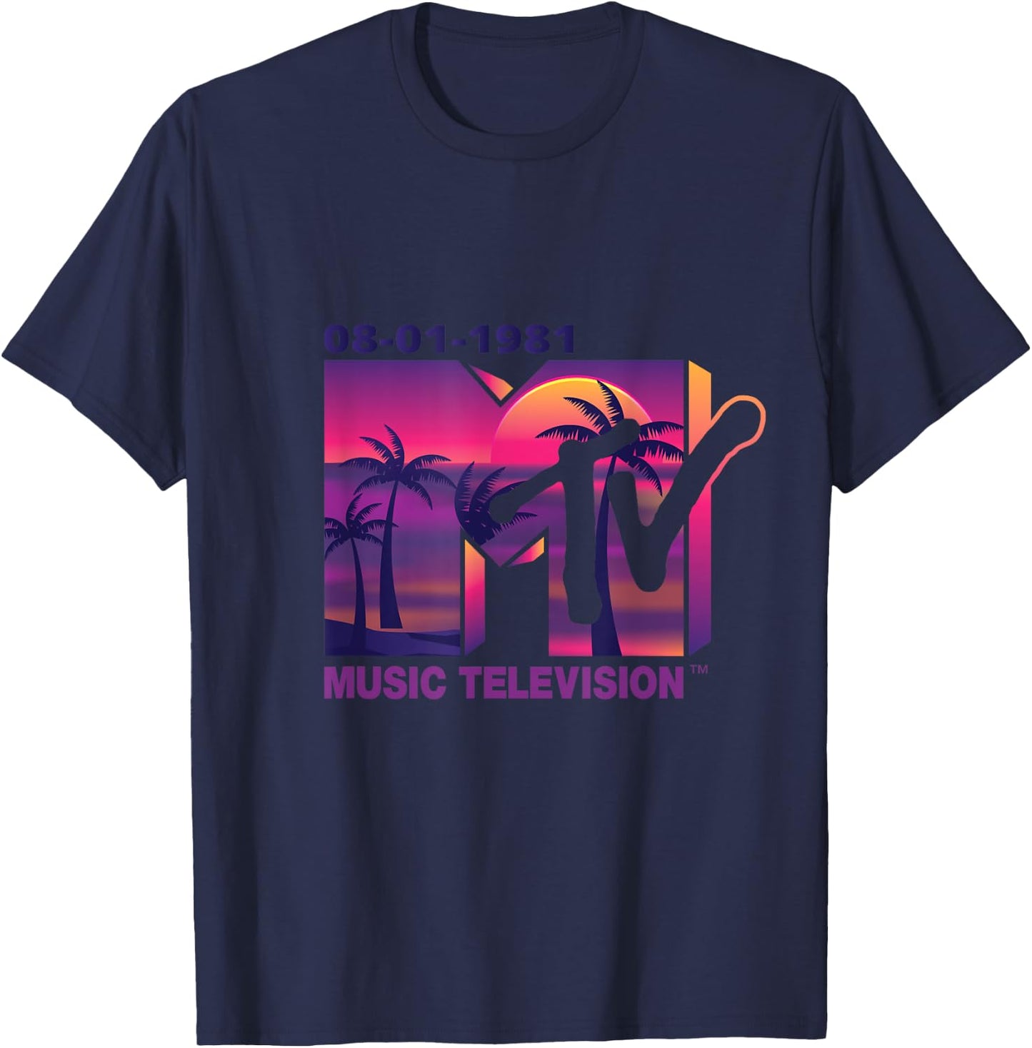 Mademark x MTV - The official 1981 MTV Logo with purple Palms in the Sunset T-Shirt - T-Shirt | Navy