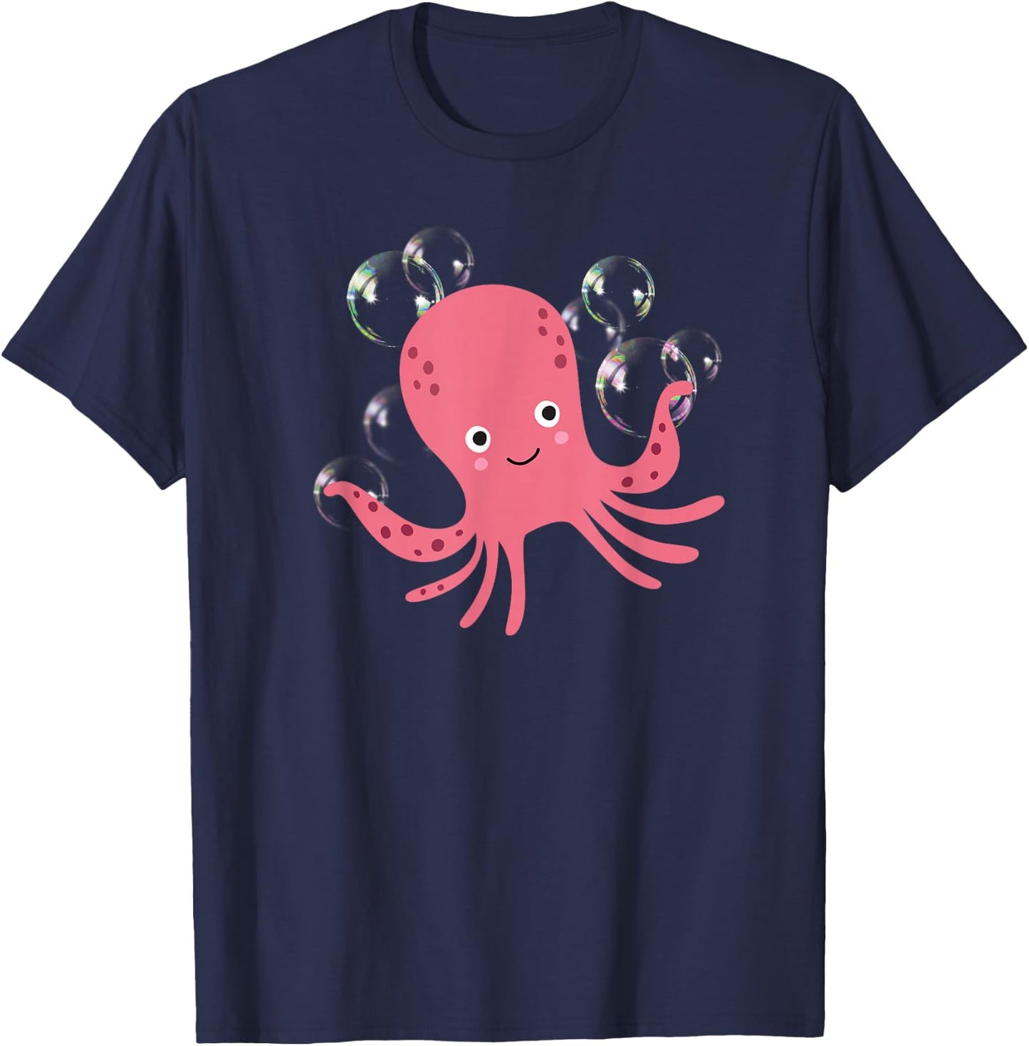 Cute Octopus Shirts Pink Octopus with Bubbles T-Shirt - T-Shirt | Navy