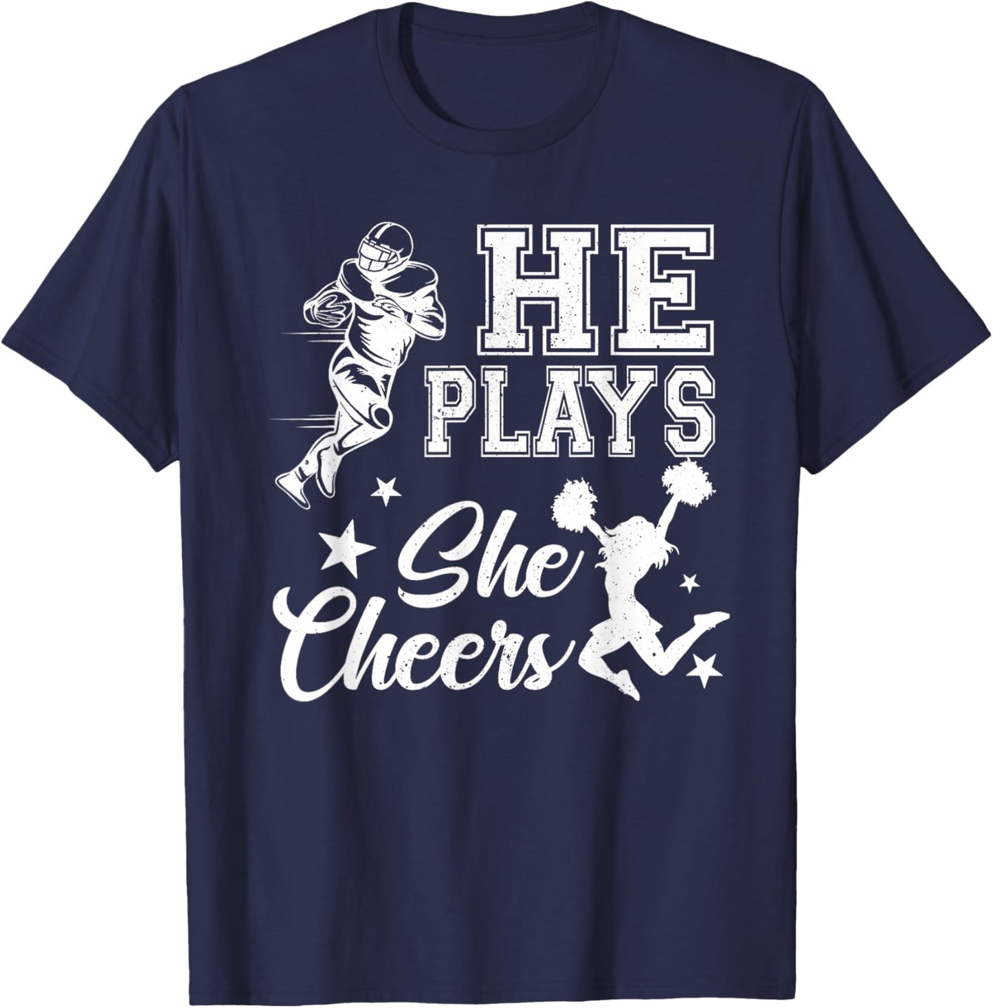 He Plays She Cheers School Football Player Cheerleader Girl T-Shirt - T-Shirt | Navy