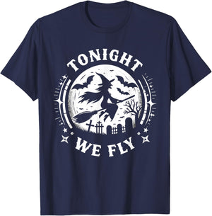 Tonight We Fly Halloween Witch Broomstick Moon T-Shirt - T-Shirt | Navy