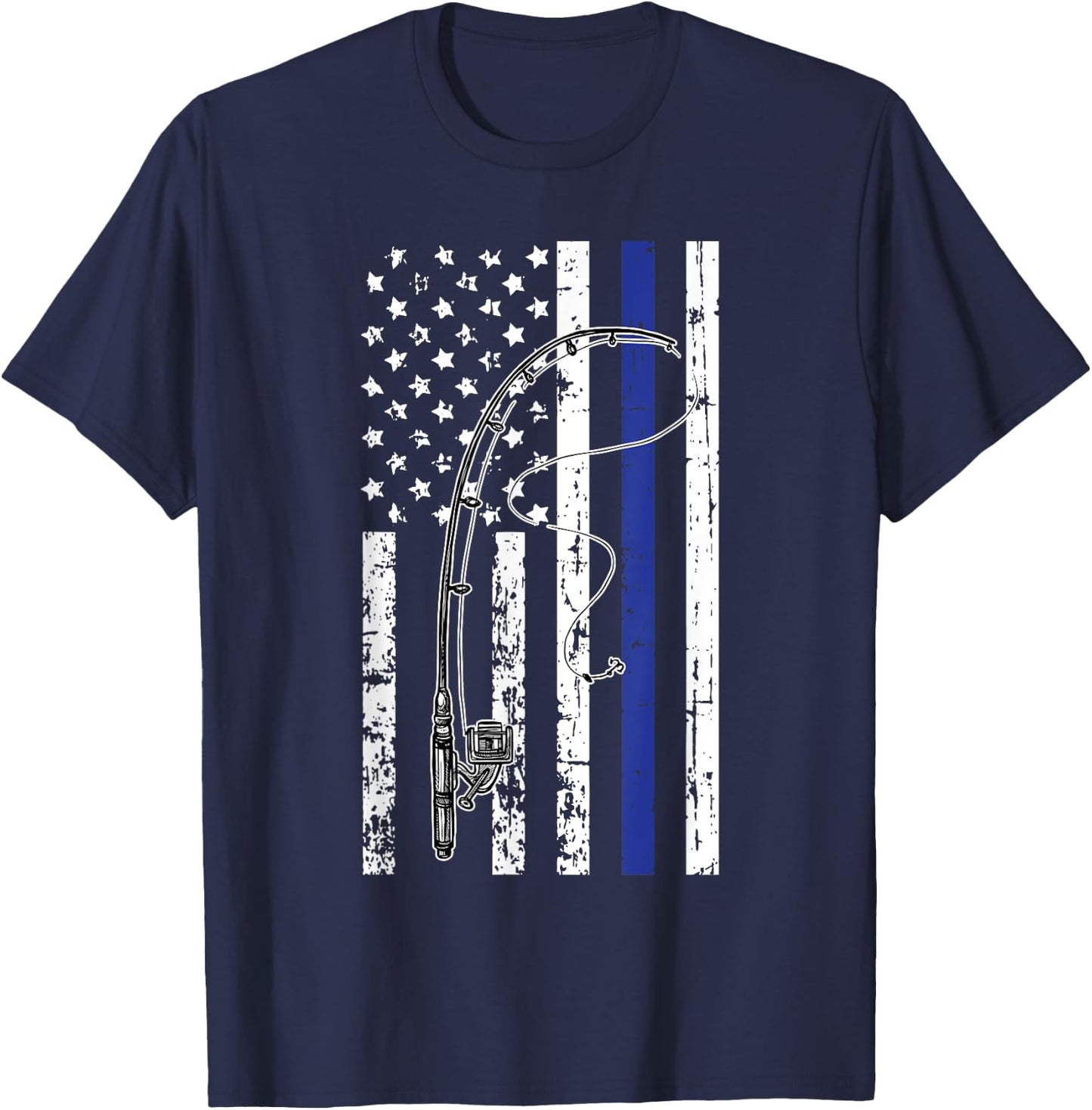 American Flag Blue Line Fishing Cool Police Officer Gifts T-Shirt - T-Shirt | Navy