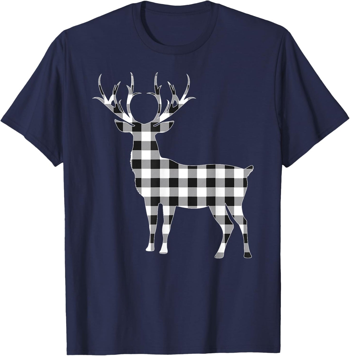 Black and White Buffalo Plaid Reindeer Christmas Deer Pajama T-Shirt - T-Shirt | Navy