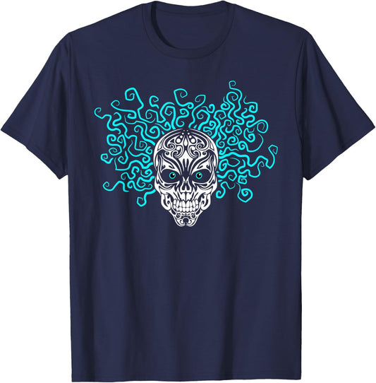 Sugar Skull with Wicked Crazy Hair T-Shirt - T-Shirt | Navy
