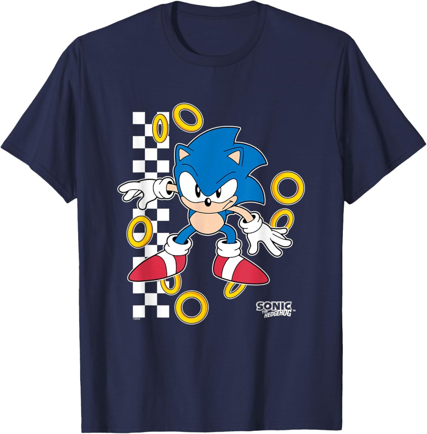 Sonic The Hedgehog Ready For Action Golden Rings Retro Shot T-Shirt - T-Shirt | Navy