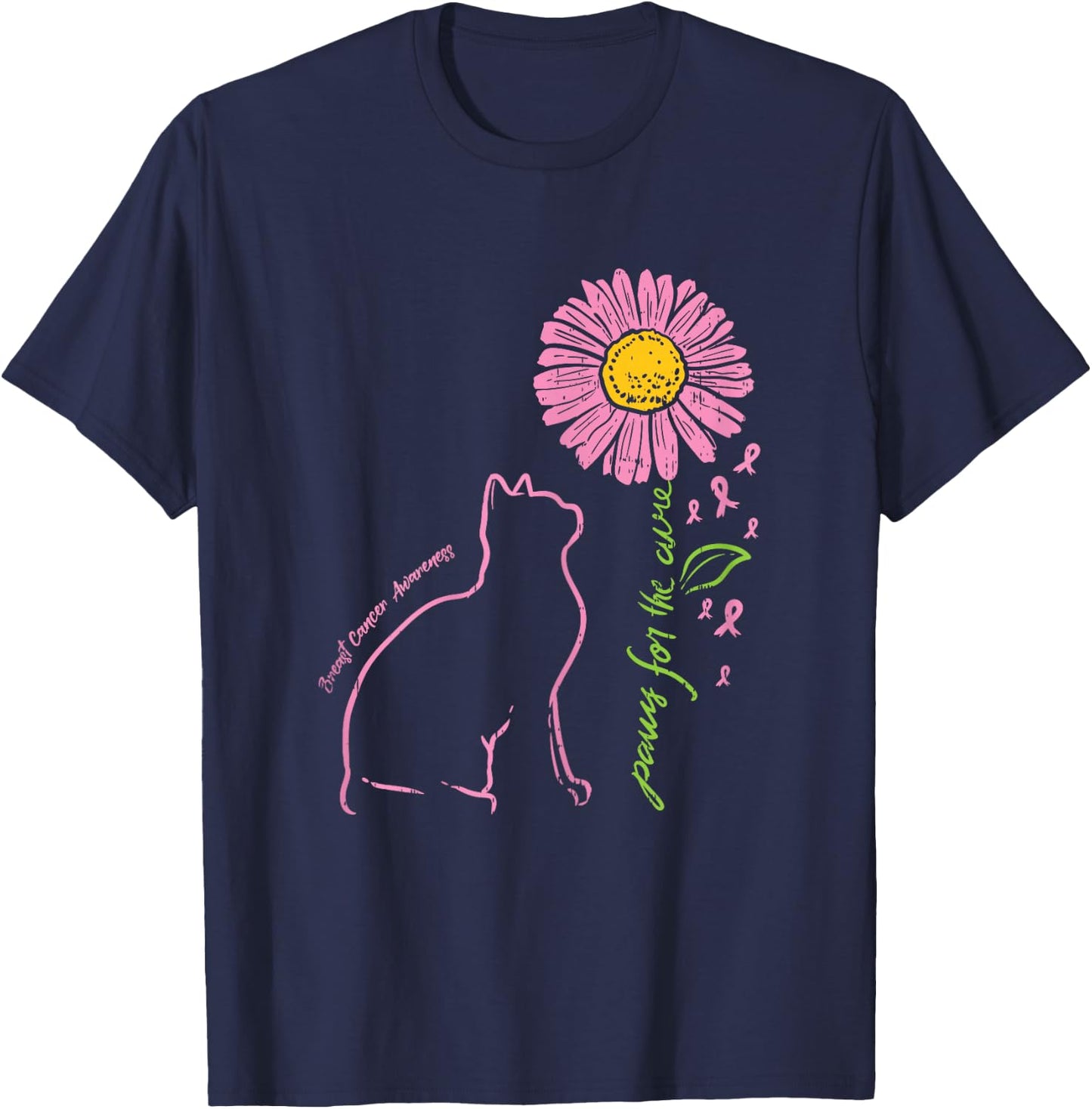 Cat Flower Paw For Cure Breast Cancer Awareness Support Gift T-Shirt - T-Shirt | Navy