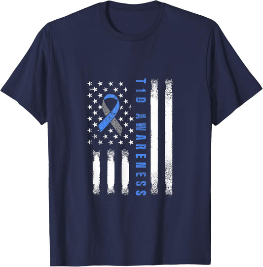 Type 1 Diabetes Awareness USA Flag T1D Warrior Survivor Women Men T-Shirt - T-Shirt | Navy