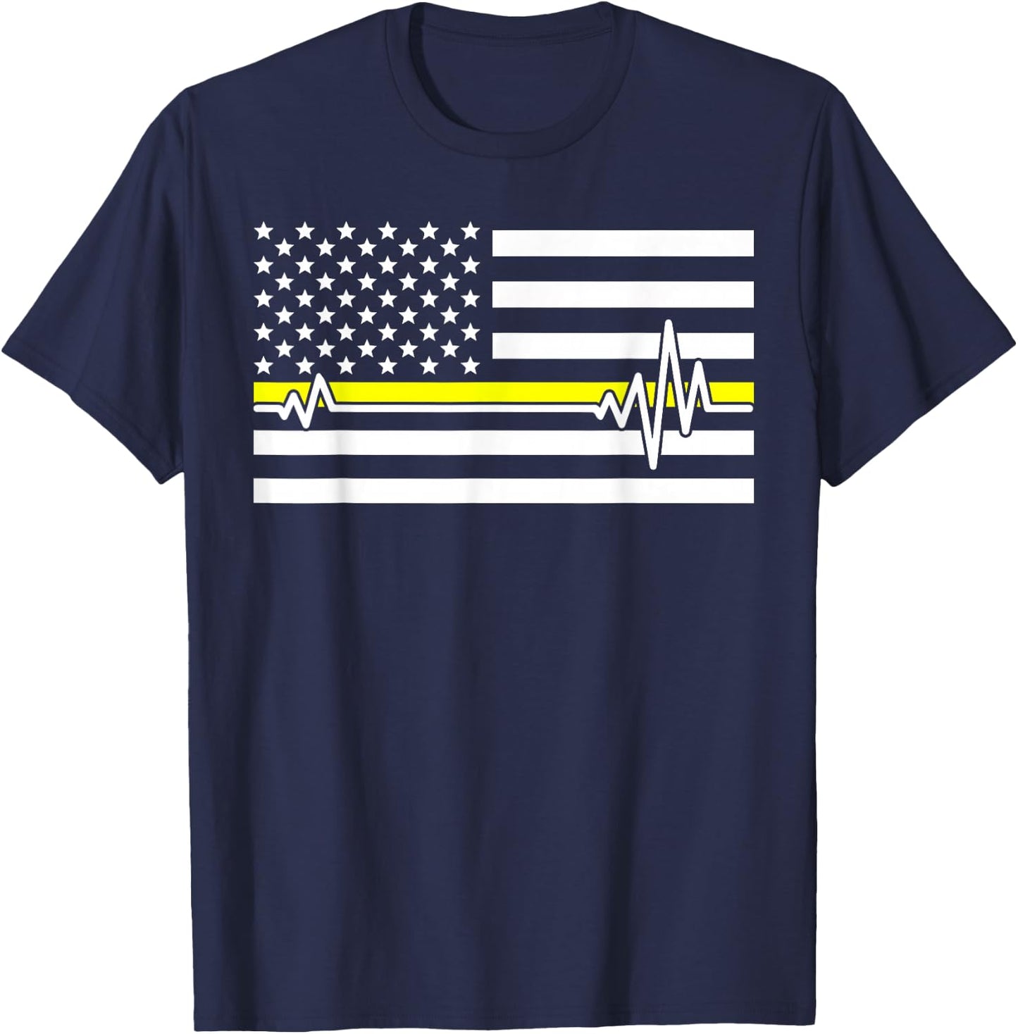 Thin Line In Yellow Us Flag Heartbeat Dispatcher Love Gift T-Shirt - T-Shirt | Navy