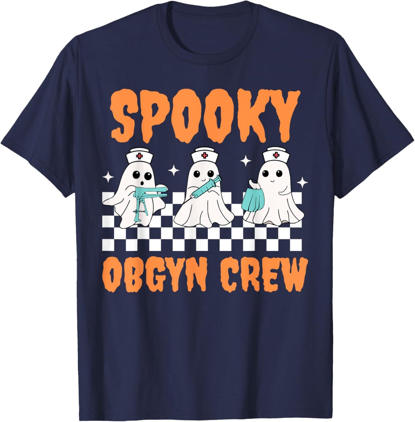 Retro Spooky OBGYN Crew Ghost Obstetrics Nurse Halloween T-Shirt - T-Shirt | Navy